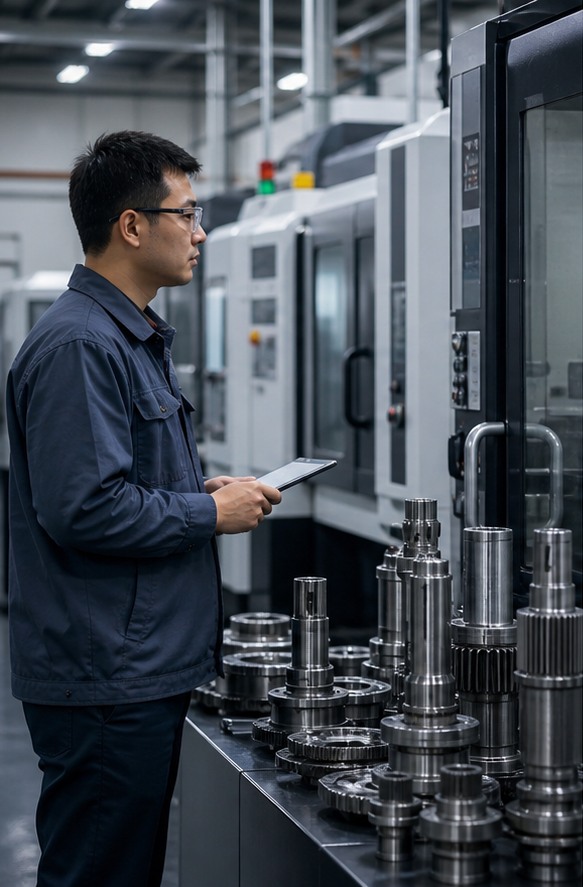 Kỹ sư châu Á kiểm tra máy CNC gia công linh kiện ô tô