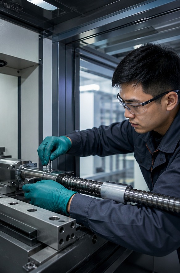 Kỹ thuật viên châu Á bảo dưỡng vít me máy CNC