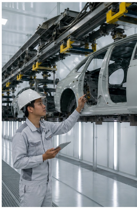 Kỹ sư châu Á kiểm tra băng tải dây chuyền sơn ô tô