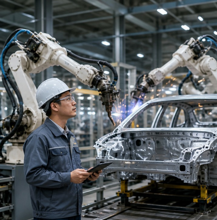 Kỹ sư châu Á kiểm tra robot hàn trong nhà máy ô tô