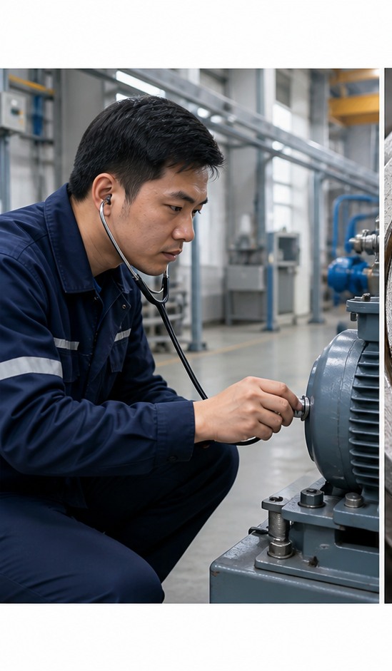 Kỹ thuật viên châu Á nghe kiểm tra tiếng ồn ổ bi động cơ