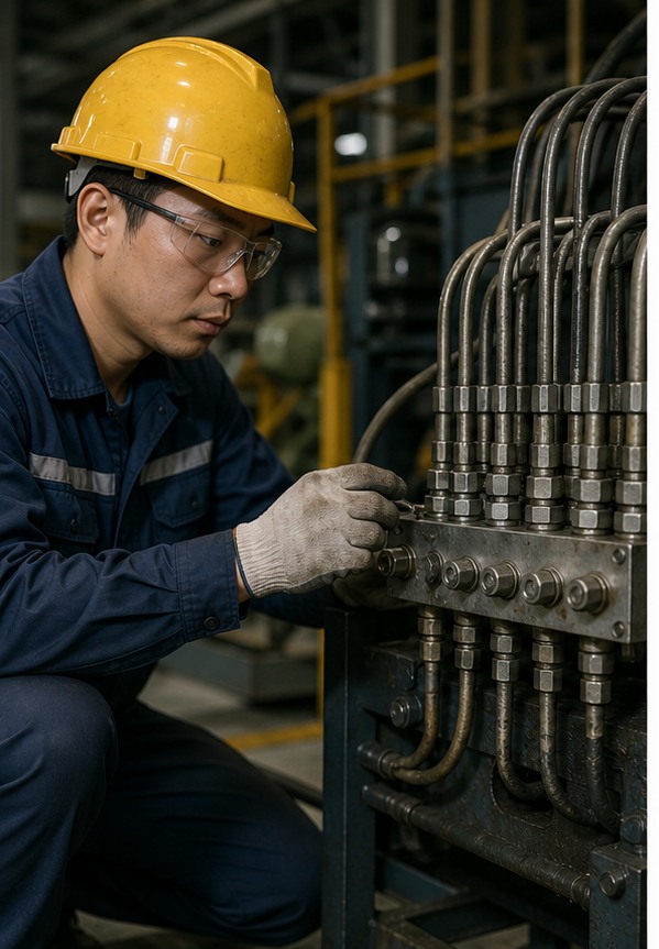 Kỹ thuật viên châu Á kiểm tra hệ thống bôi trơn tập trung trong nhà máy
