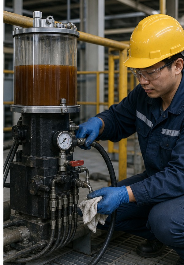 Kỹ thuật viên châu Á bảo dưỡng bơm mỡ tập trung