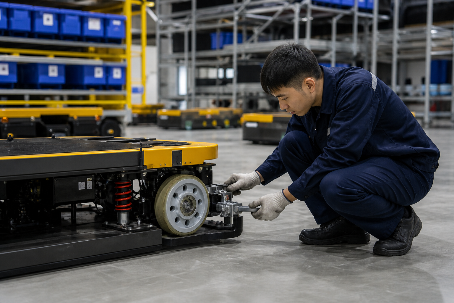 Kỹ thuật viên châu Á kiểm tra bánh xe AGV trong kho ô tô