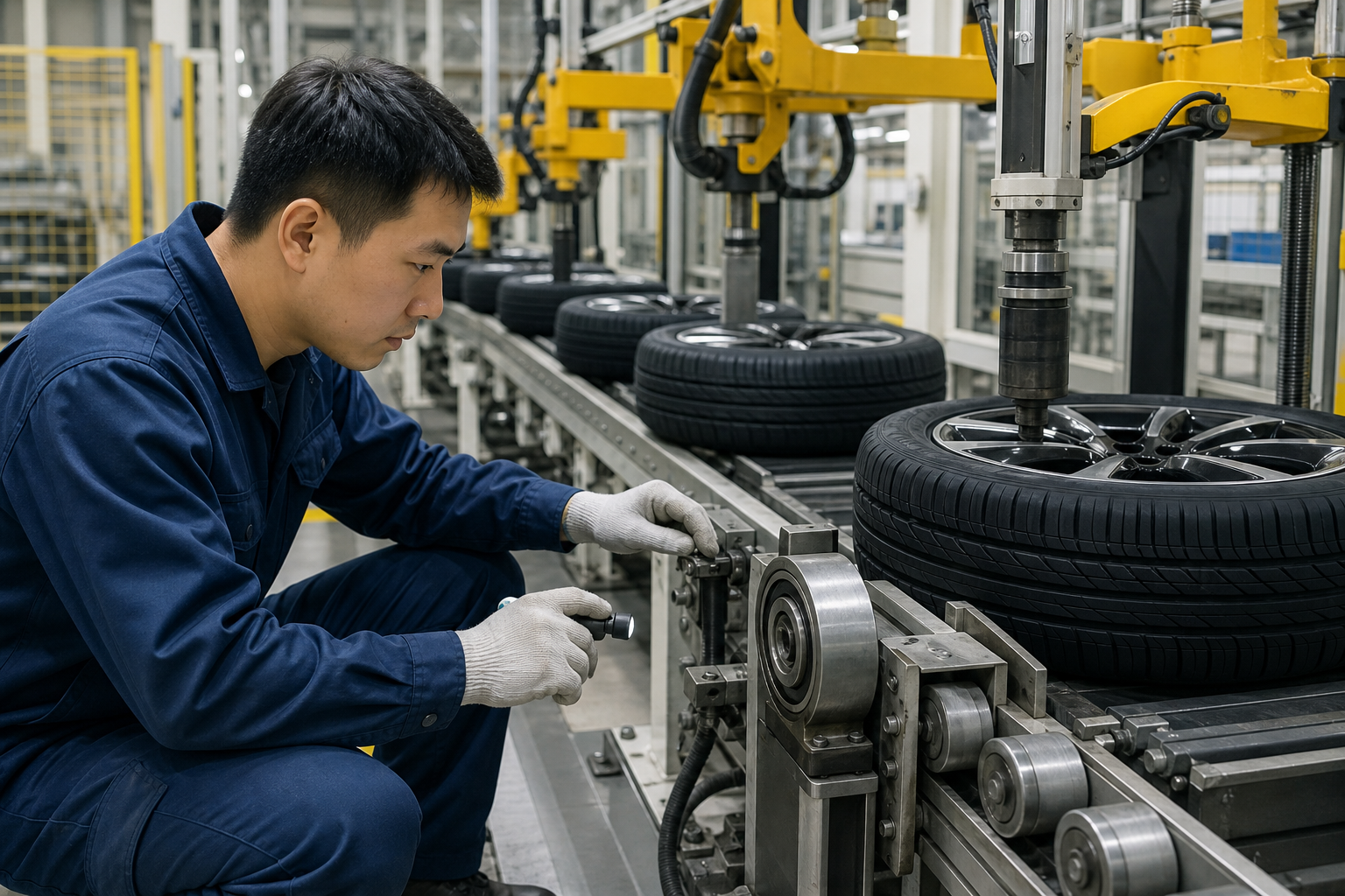 Kỹ thuật viên châu Á kiểm tra dây chuyền lắp ráp bánh xe ô tô
