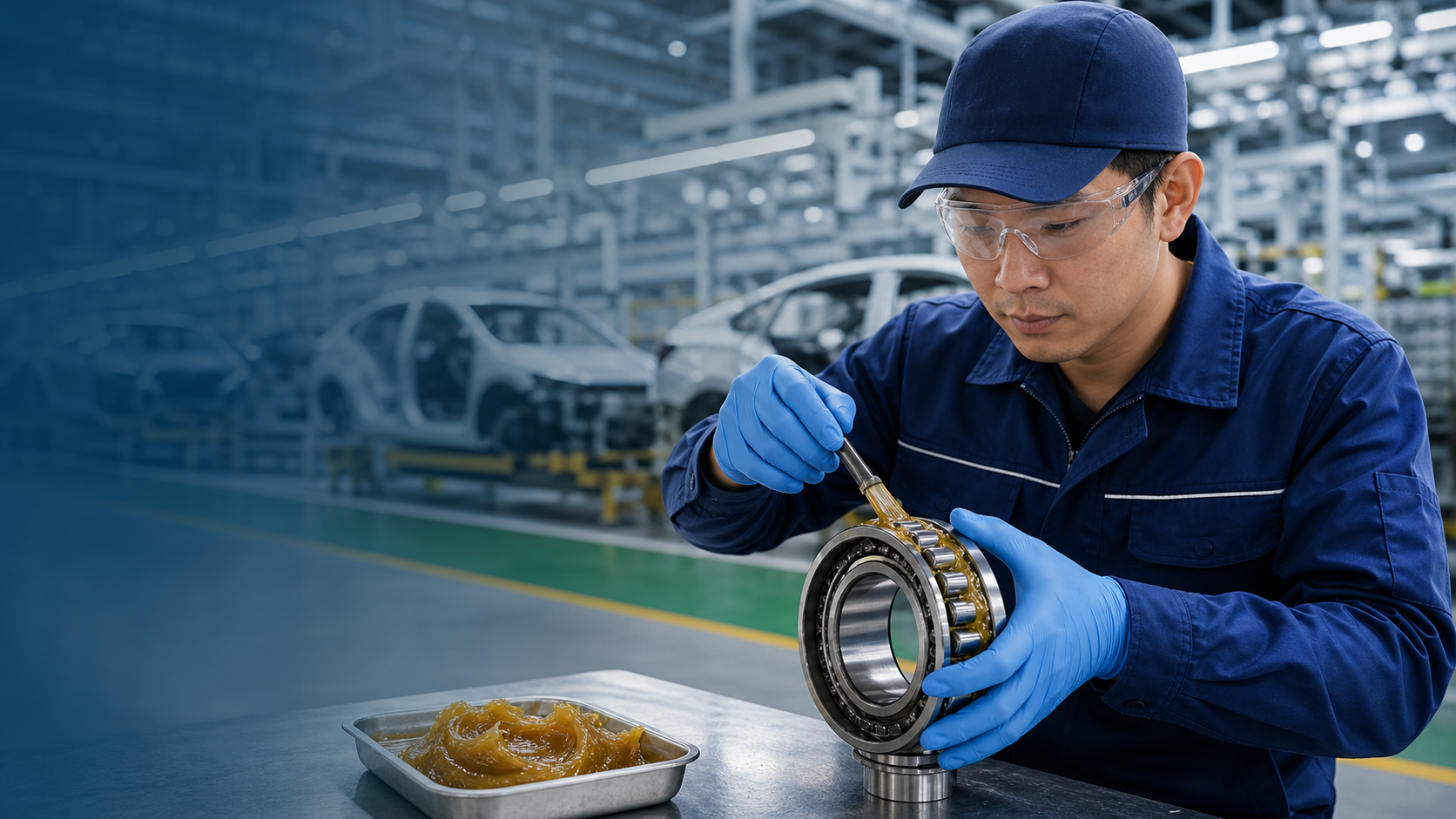 Kỹ thuật viên sử dụng mỡ Kyodo Yushi cho ổ bi trong nhà máy ô tô