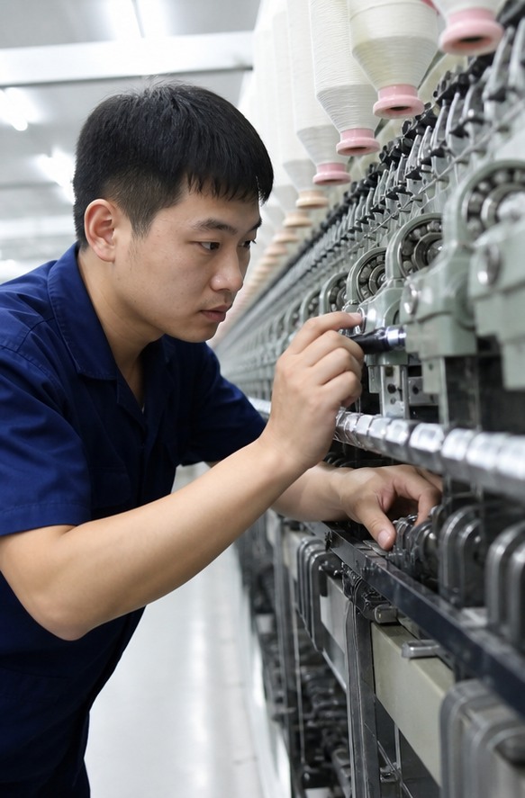 Kỹ thuật viên châu Á kiểm tra ổ bi máy kéo sợi tốc độ cao