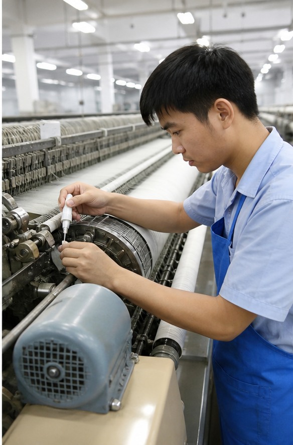 Kỹ thuật viên châu Á bảo dưỡng ổ bi máy dệt